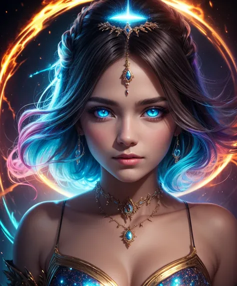 8k portrait of beautiful  woman celestial, deity, goddess Style-Gravitymagic,, light particles, halo, looking at viewer, (bioluminescent:0.95) flame, bioluminescence, phoenix, beautiful eyes, Vibrant, Colorful, Color, 8k, high quality, hyper realistic, pro...