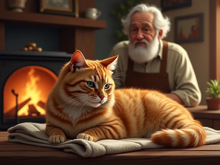 The golden tabby cat is now resting on a soft blanket near a crackling fireplace inside the café, her fur drying and her green eyes half-closed. The elderly man, in his brown apron, stands behind the counter, watching her with a small, satisfied smile. The...