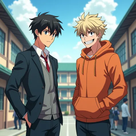  man with black hair,  good-looking face,  broad shoulder , A slightly larger , Man with beige hair with a bad smile ,  school uniform, Japanese cartoon style,  school background , orange hoodie