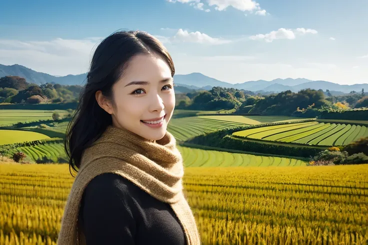  Golden Rice Paddies,  Calm Autumn Skies , Woman wearing a scarf, Warm color , The joy of harvest, Vegetable Basket , Quiet Smile, Coexistence with nature,  girl, Alone,  black hair