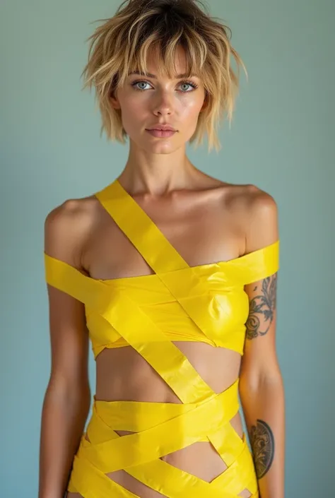 High-quality photograph of an arrogant-looking woman with short messy blond and brown hair, blue eyes, tattoo . Her outfit is made of yellow ‘Printemps-Eté’ tape casually thrown and wrapped around her body. The tape was only spread over the womans body.