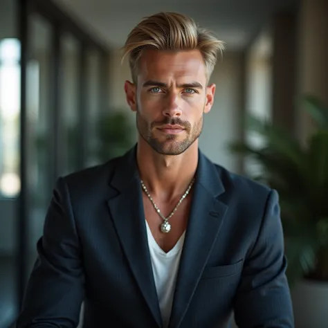 Gorgeous blonde man working in finance, necklace, blue eyes, no bear, manly, slim, athletic