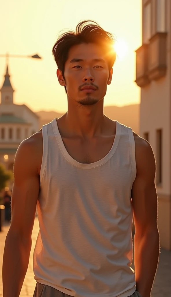  (photorealism:1.2), Handsome japanese man, 22-27 year-old, model, travel in spain, background is spain famous travel Spot, season is summer, tank top or short tee, sunset