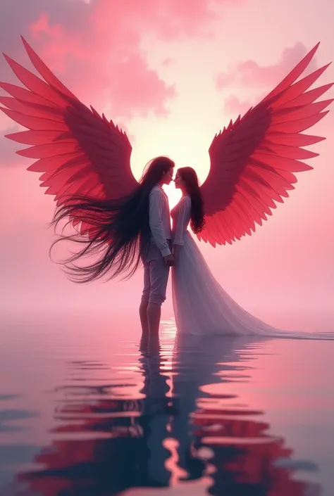 A woman with big red wings on her back 
A man with long black hair 
Both are standing in the middle of the sea, Under a pink sky 