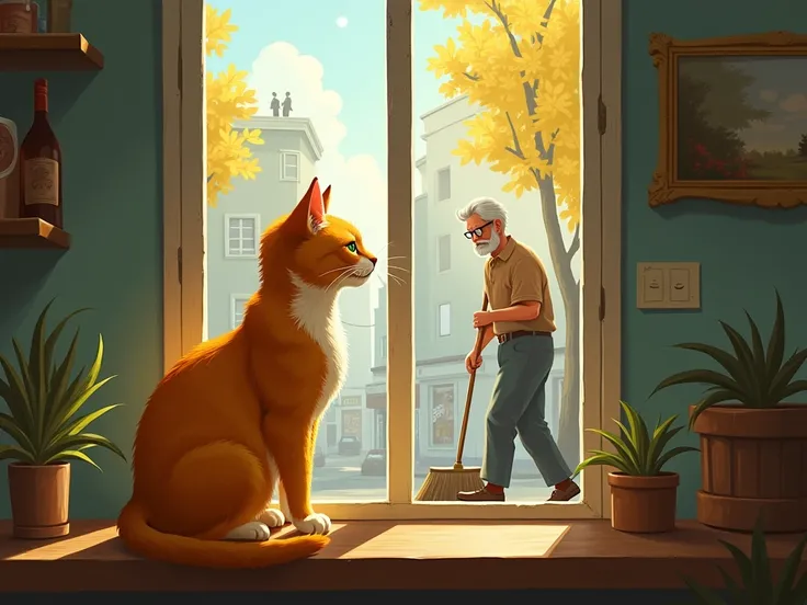 The golden tabby cat sits on a windowsill inside the café, sunlight streaming through, her green eyes watching people walk by. The elderly man sweeps the floor nearby, glancing occasionally at the cat with a gentle smile."