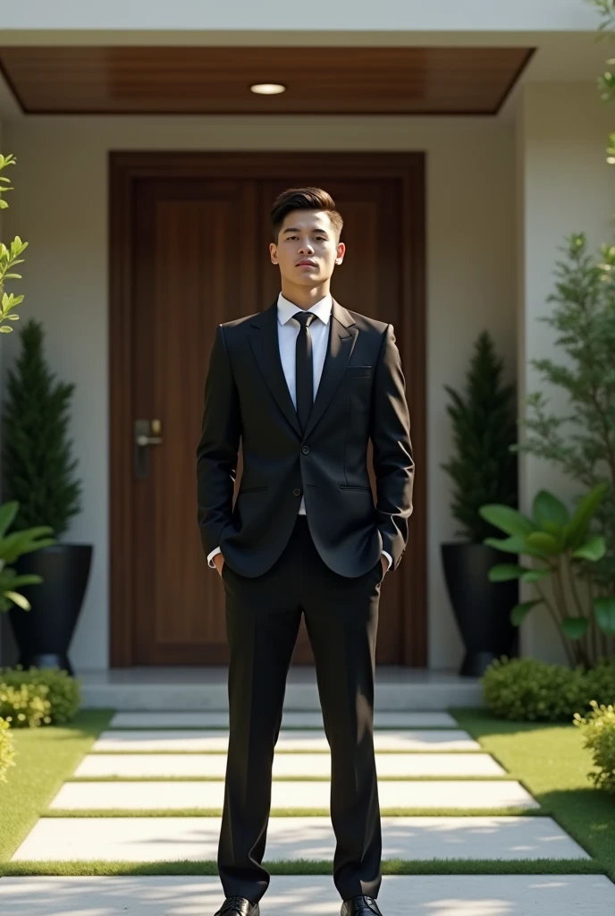 

 An 18-year-old Brazilian , with white skin tone, hair tidy,  wearing elegant black suit ,  white shirt and thin tie ,  in front of the entrance of his luxurious house ,  with well-kept garden and modern architecture.