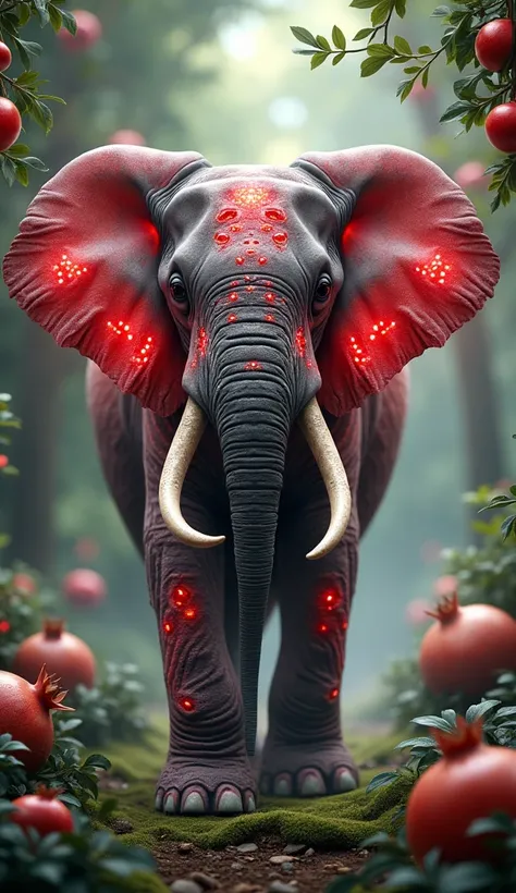 Create a majestic elephant fused with pomegranate characteristics in a mystical jungle setting. The elephant’s grey skin is textured with vibrant red and ruby pomegranate patterns, resembling the fruit’s outer shell and interior. Its ears are translucent, ...