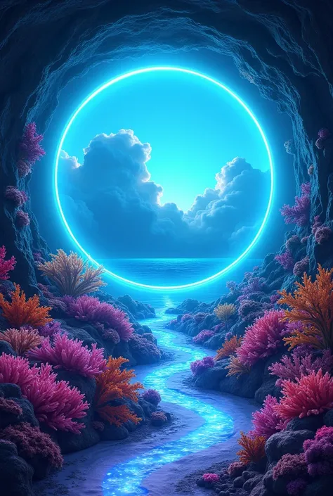 A mirror,  glowing Path surrounded by an overgrowth of colorful coral and Sea plants. A circular neon portal is at the end of the Path, with rolling clouds ins círculo grande portal, corais neon grandes, portal do tamanho da imagem corais em volta do círcu...