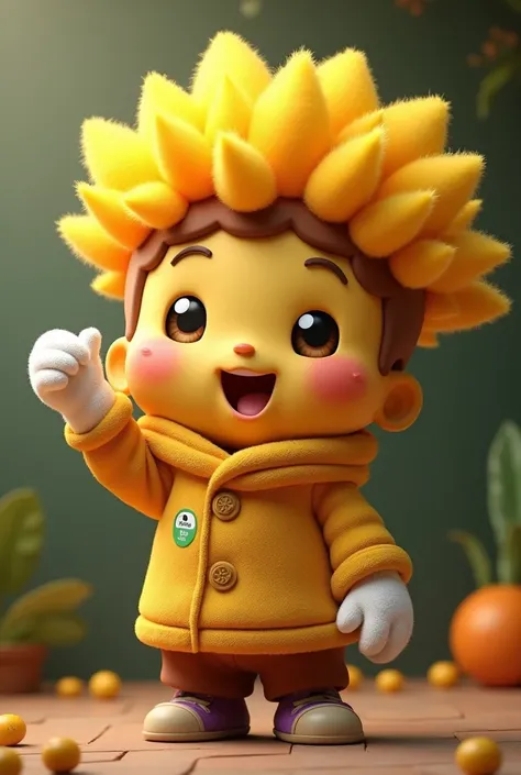  Make me a mascot that is a yellow guaiacan tree with a chocolate trunk that has white gloves on its hands and legs, that you are happy, That I have a sweater  