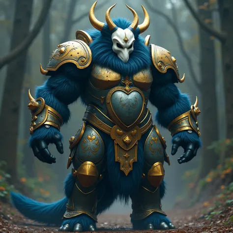 gigantic, colossal divine creature, dark blue fur around the neck, white heart-shaped mask, horns extending back, dressed in gold armor with hearts as a symbol, elephant feet, creative writing tattoo ancient, fluorescent tattoo, void termina