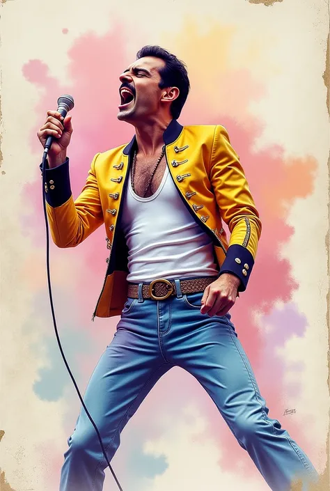 Close-up of a vibrant, artistic representation of Freddie Mercury. 


The image is a stylized watercolor-like painting on a textured, off-white background suggestive of aged paper. The background incorporates distressed edges and splotches of varying shade...