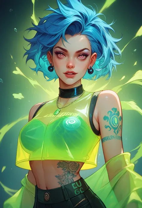 bold acid pixie with messy electric blue hair and glowing lime-green tattoos across his arms, wearing a translucent vest with holographic swirls, waist-up, 