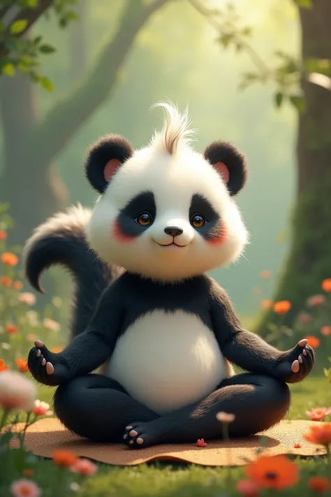 Cross between panda and skunk doing yoga 