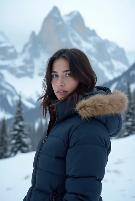  A European woman with medium-length dark brown hair, in the mountains, Snowy landscape, wearing cold clothes , Wearing a thick dark blue down jacket with fur trim, 4K ultra-realistic,  looks at the camera 