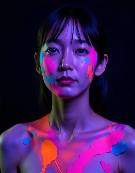 A highly detailed full-body portrait of an Asian woman. Her face and upper body are covered in splashes of neon fluorescent paint, which glows brilliantly under UV black light. Her expression is calm and serene, while vibrant colors such as pink, purple, o...