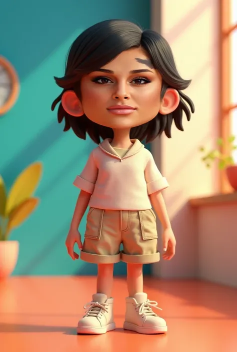 Transform this girl into a Pixar 3D character with little clothes