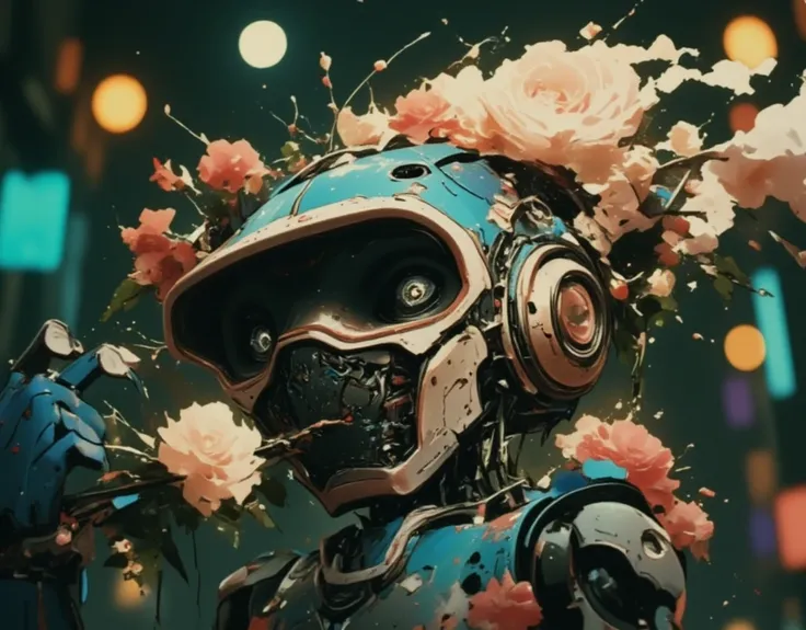  a close up of a robot with a flower in its mouth,  digital art inspired by Beeple ,  trend in polycount , arte digital,  humanoids covered in flowers , Stylized 3D Render,  Beeple rendered in 3D , Nice 3D rendering, robot lindo, robot photography , Styliz...