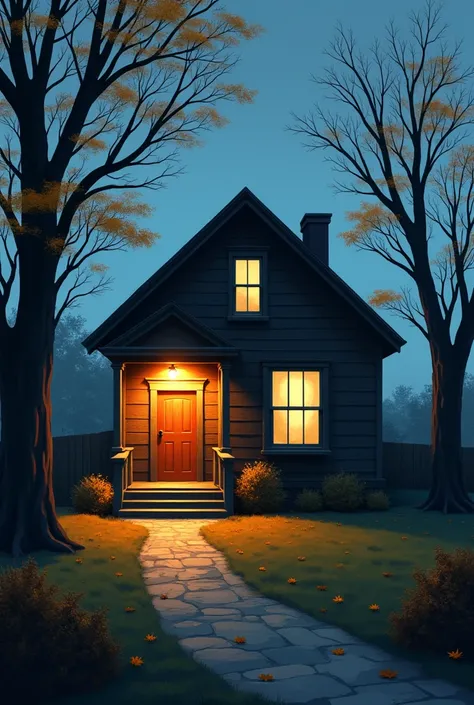 A small, cozy house located near a quiet campus. The house has a simple, rustic design with wooden siding and a sloped roof. A single porch light glows warmly in the evening, casting soft shadows on the neatly kept yard. The windows are slightly fogged, gi...