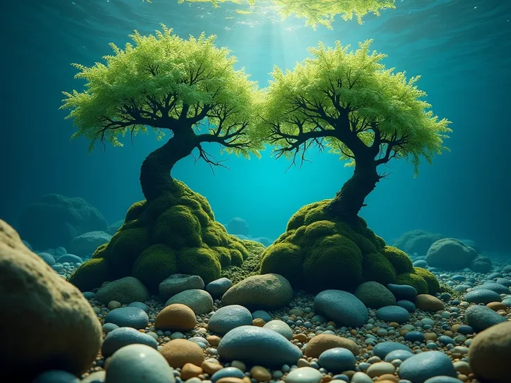 At the bottom of the deep sea ， Two moss trees and colorful rocks ,Two moss trees rolled together ，Become a beautiful love shape，Colorful Rock Group Waterscape , Beautiful environment,  impressive depth and detail, Nice dark color, Beautiful and detailed s...