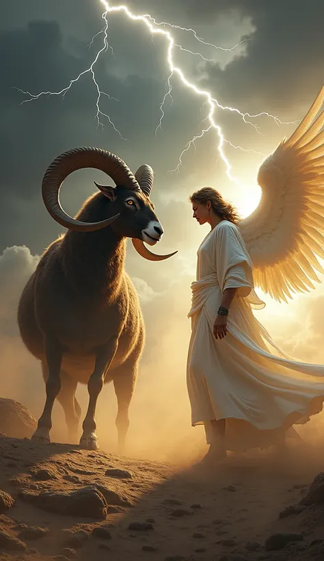 "Create a dramatic confrontation between a powerful, horned ram and an angelic figure dressed in flowing white garments, both radiating intensity and strength. The ram stands firm and imposing, its sharp horns curved menacingly, while the angel exudes fier...