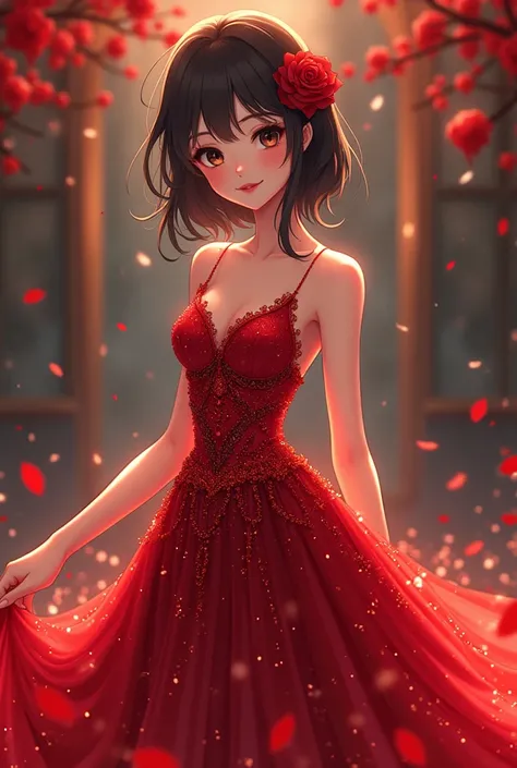 An anime girl wearing a very elegant red dress that is elegant in an unnatural way. The dress has a very shiny sparkle. Her eyes are black and she has a bright, ish pink lip. She has soft features and a delicate smile. Her hair is dark brown. She is . 