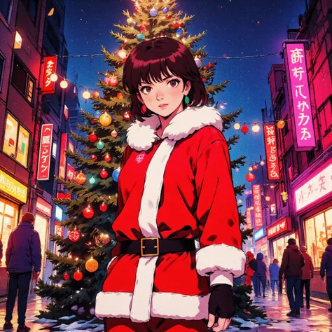 ((masterpiece, Highest quality)), (((whole body :1.5))), 32K Wallpapers, Very detailed, Poster, (((geometric cinematic movie Poster))), colorful comic book pulp art, neo pop art, beautiful hot sexy super stylish japanese female standing in christmas festiv...