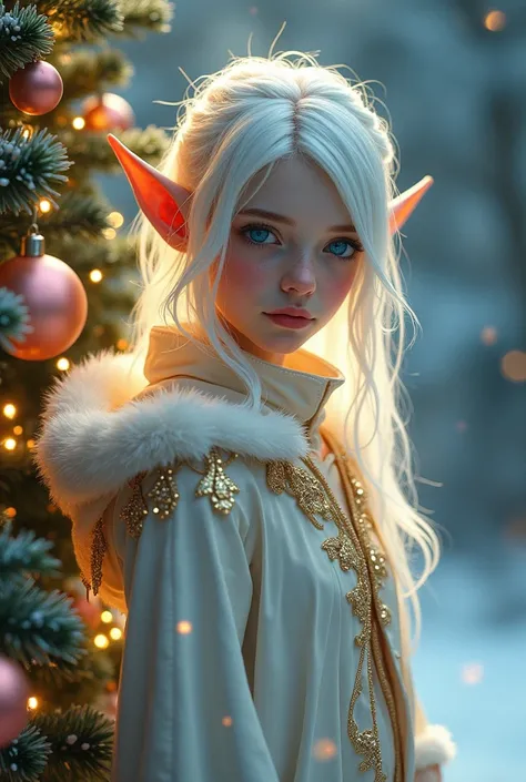 An adult with pointed ears white hair blue and light blue eyes wearing white Christmas costume with gold edges near a Christmas tree lighting up the place with a
 Warm light