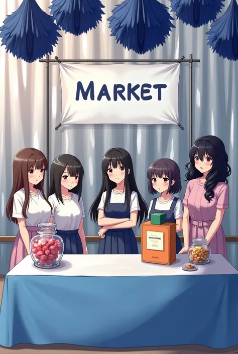  Create an image of a TCC market with the background of a silver party curtain , The name ParfumGirls Girls in blue together ,  the rectangular table with blue cloth on the bottom and white on top ,  on the table will have a jar of candies and a classic ka...