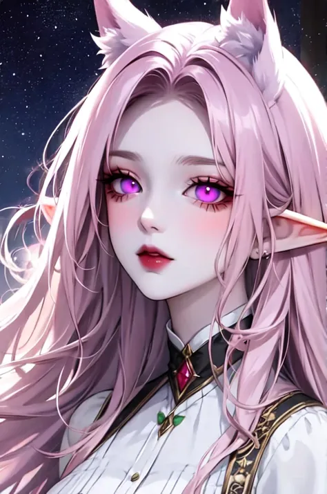 pale lavender pink long hair, purple eyes, pale skin, white skin, starry eyes, long wavy layered hair, pointy ears, downturned ears, elf ears