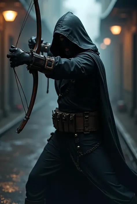 Assassin dressed in black with a hood who shoots with a slingshot