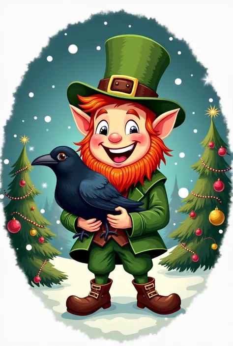 Circular logo with a cute leprechaun holding a crow with Christmas background 