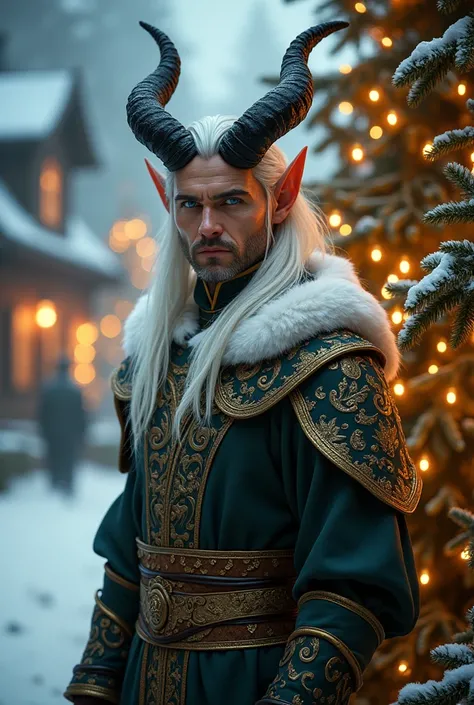 An adult (man with black and white horns ) with pointed ears white hair blue eyes with light blue in white Christmas costume with gold edges near a Christmas tree lighting up the place with a
 Warm light