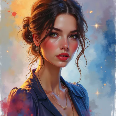 A beautiful European beauty, supermodel, sexy, and well-proportioned figure, dressed in fashionable clothes with a stylish, aristocratic feel that is both casual and classy. The artwork features watercolor and gouache splashes, showcasing masterpiece quali...