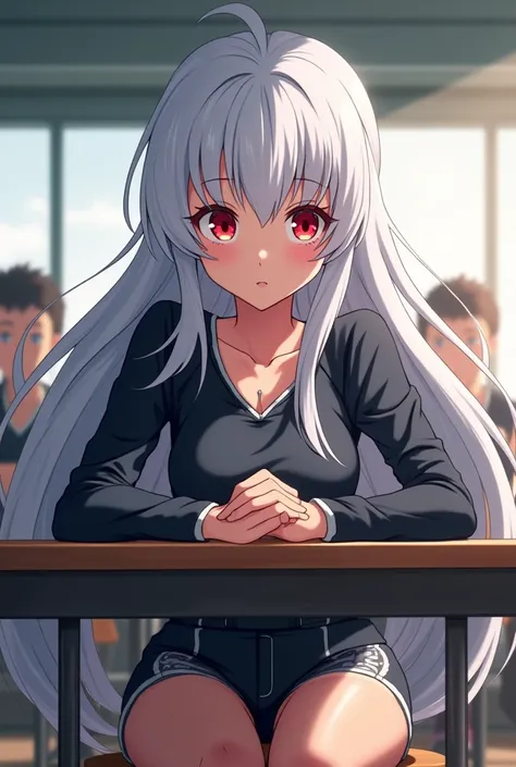  Anime screenshot of My hero Academia 17-year-old girl
Cabello : Long white 
Eyes :Rojos
Mirada : Would be
Appearance : sports uniform Beautiful and attractive
Clothing : In uniform U . A showing her navel piercing
Background : Sitting at a table in the cl...