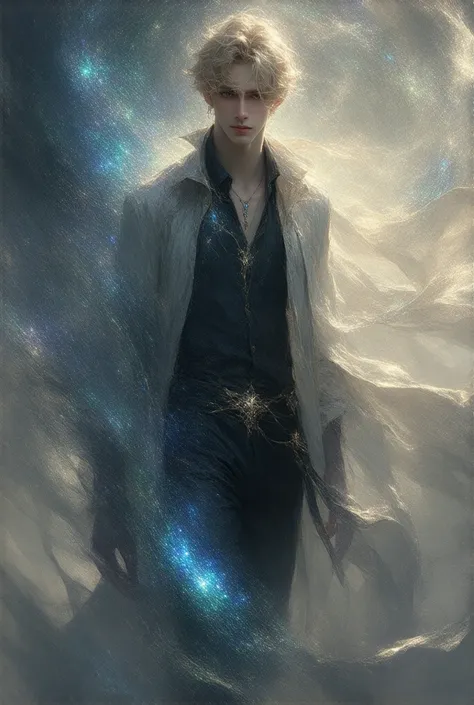  young guy, star wanderer, blond,  blue eyes , masterpiece, fantasy, magic,  Intense color ,  stands full length , belt-ridden