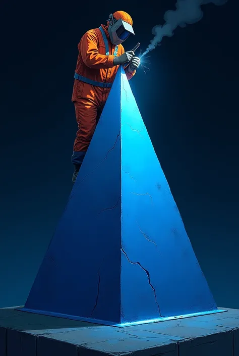 Welder welding at the tip of a pyramid the royal blue pyramid and the uniform of the orange soldering iron that is up close very close that you can see only half of the soldering iron in the pyramid that is illustration style and the background is royal bl...