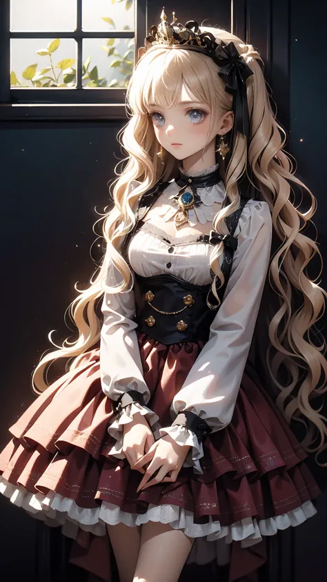 (8k,  best quality, masterpiece: 1.2),  Ultra High Definition ,,  Marie Antoinette ,  super detailed face ,fine grain,  opening slightly ,(blonde),Long Hair, Wavy hair in front of the station , break,Rococo Ruffle Dress,Long sleeve dress,  the dress has a ...