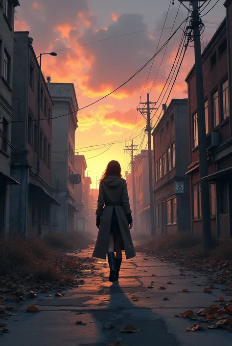 " A woman walking on a deserted street during dusk ,  with abandoned buildings surrounding , Soft lighting and melancholic atmosphere.  The woman is dressed in a long coat and boots ,  looking forward with a reflective expression .  The sky is in orange an...