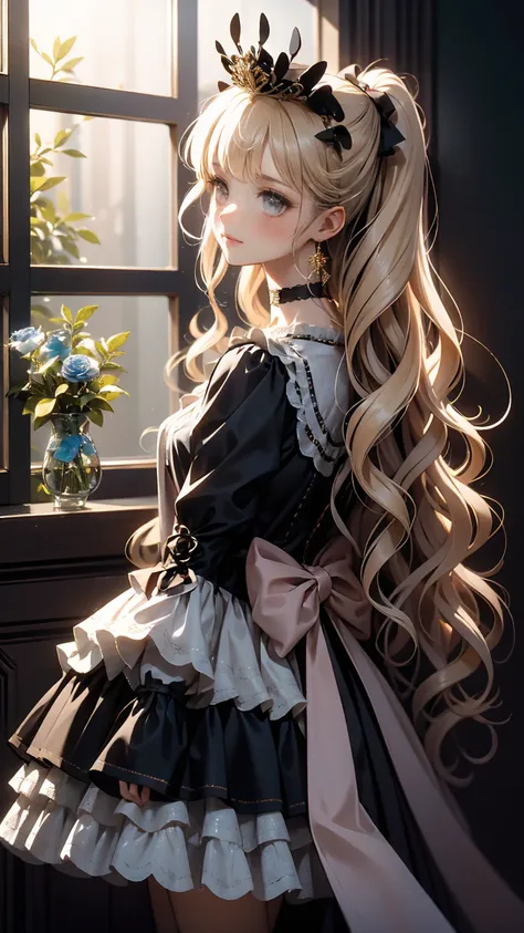 , full body view,Head to toe composition, (8k,  best quality, masterpiece: 1.2),  Ultra High Definition ,,  Marie Antoinette  ,  super detailed face ,fine grain, Open a little ,(blonde),Long Hair,  wavy hair in front of the station  , break,Rococo Ruffle D...