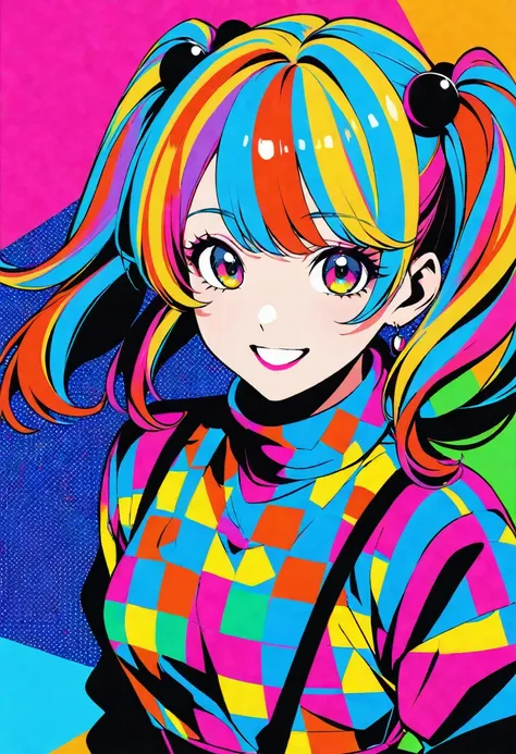 80s retro style anime girl with unique hairstyle and accessories, wearing clothes with geometric patterns, polka dots, high contrast, vibrant colors, digital art, upper body, smiling, hair in rainbow twin tails.
