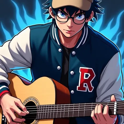 A 17-year-old with tan skin, sharp blue eyes and spiky dark blue hair, clad in a blue and white wrestling varsity jacket with red embroidery, jeans, boots, glasses, and a light brown baseball hat passionately playing his guitar. His fierce gaze pierces thr...