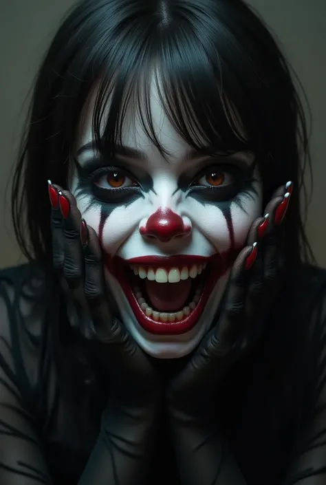 a woman with black and white makeup holding her hands up to her face, gothic maiden anime girl, horror smile, scary smile, goth clown girl, gothic girl face, creepy clown girl, joker smile, slasher smile, realistic - anime, gothic girl, wicked smile, large...