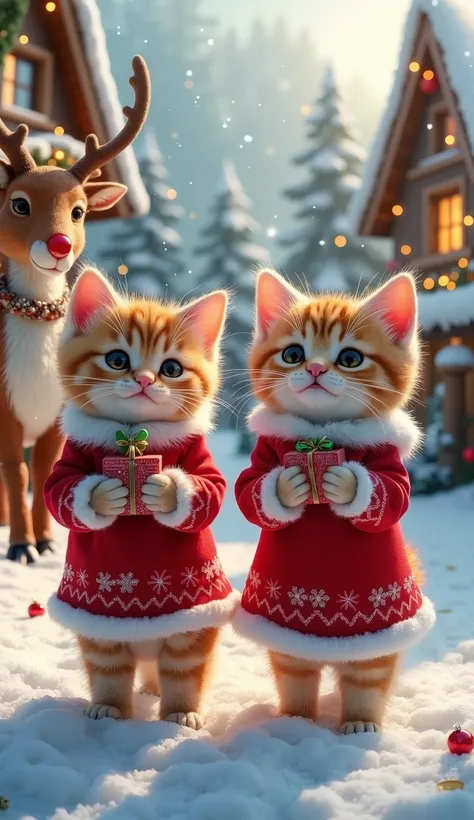 "A hyperrealistic and magical winter scene featuring anthropomorphic Christmas kittens dressed in festive red outfits with white fur trims and delicate snowflake patterns. The kittens are standing in freshly fallen snow, their expressive faces filled with ...