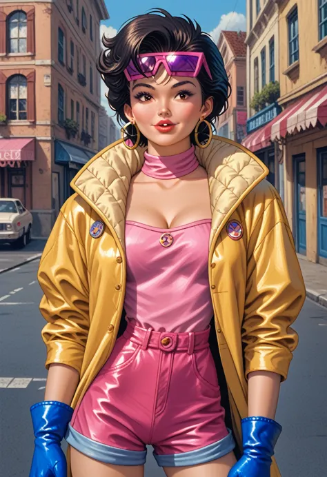 personagem jubilee, short black hair ,  brown eyes , alone, standing,  cowboy shot, 
shorts de ganga ,  open yellow jacket , pur...