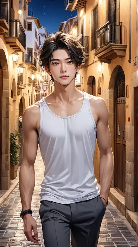  (photorealism:1.2), Handsome japanese man, 22-27 year-old, model, travel in spain, background is spain famous travel Spot, season is summer, white colour tank top, night