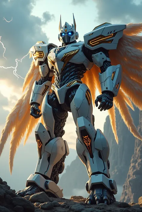 A towering robotic figure resembling Optimus Prime, standing heroically in a futuristic cityscape A powerful superhero figure with a blend of an eagle and cybernetic aesthetics, wearing a white and bronze suit with angular feather-like patterns. The helmet...