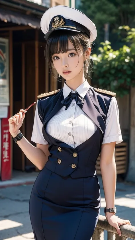  girl、(masterpiece:1.3), (Confused:1.3), ( best quality:1.3),(perfect anatomy), detailed face ,Steampunk,   Victorian Era ,Hongkong,Horizontal Angle,hand,(( watch viewers )), ( Very detailed:1.3),( vest shadow :0.7), Alone,Small Saggy Breasts,(Processing w...