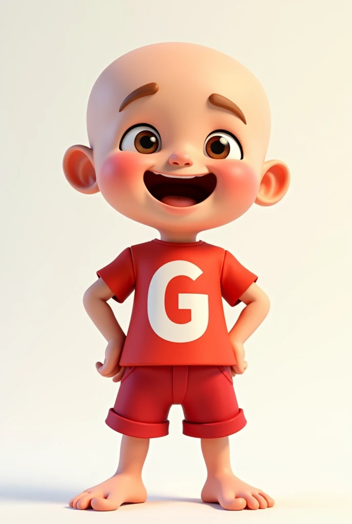 3D drawing, boy, bald, bald,  red t-shirt with letter G on the front, Red Bermuda Shorts, barefoot, Happy sung