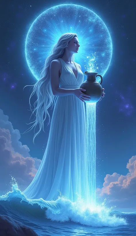 " An artistic and mystical representation of the Aquarius sign .  The image shows an androgynous figure with long flowing hair ,  holding a large jug from which a waterfall of crystalline water flows that transforms into stars in the sky. The scenery is et...