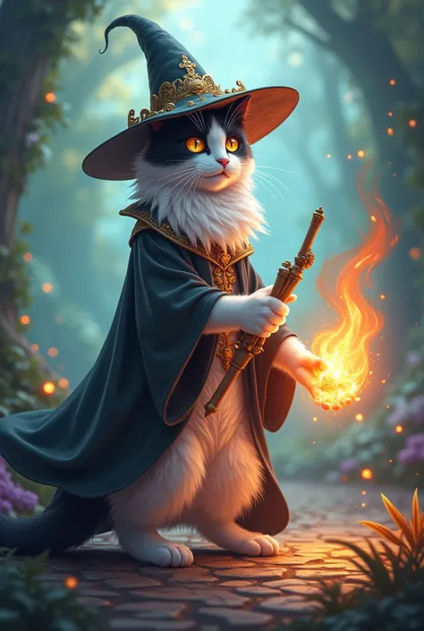 (Animal) A background of magical world, a white and blak colored cat who is looking like a wizard wearing wizard hat (fire magician) (Best quality) (anime image)